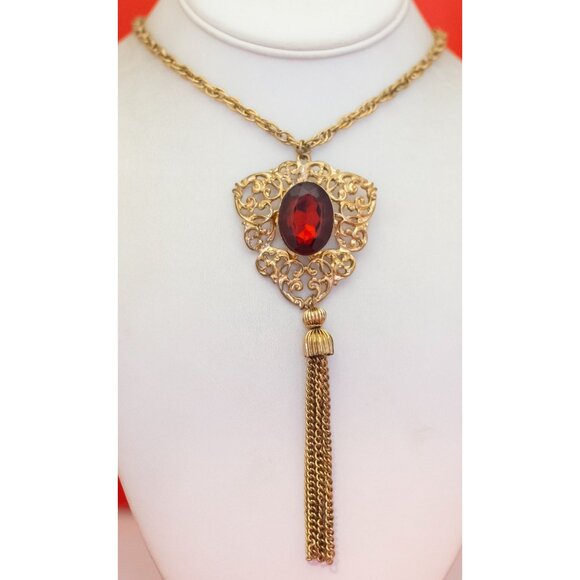 24 inch, Vintage Round Oval Faux Gem Gold Tone Victorian Tassel Necklace - O34 - Picture 2 of 3